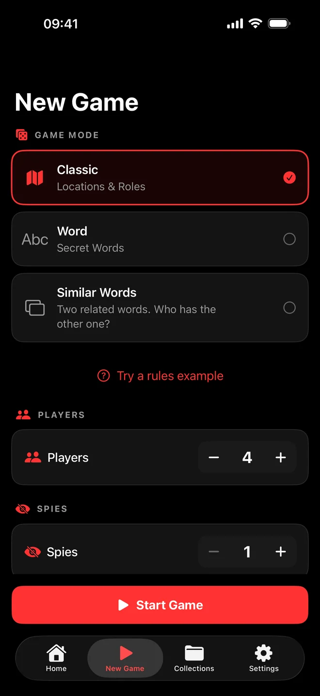 The iOS New Game screen with Classic, Word and Similar Words game modes