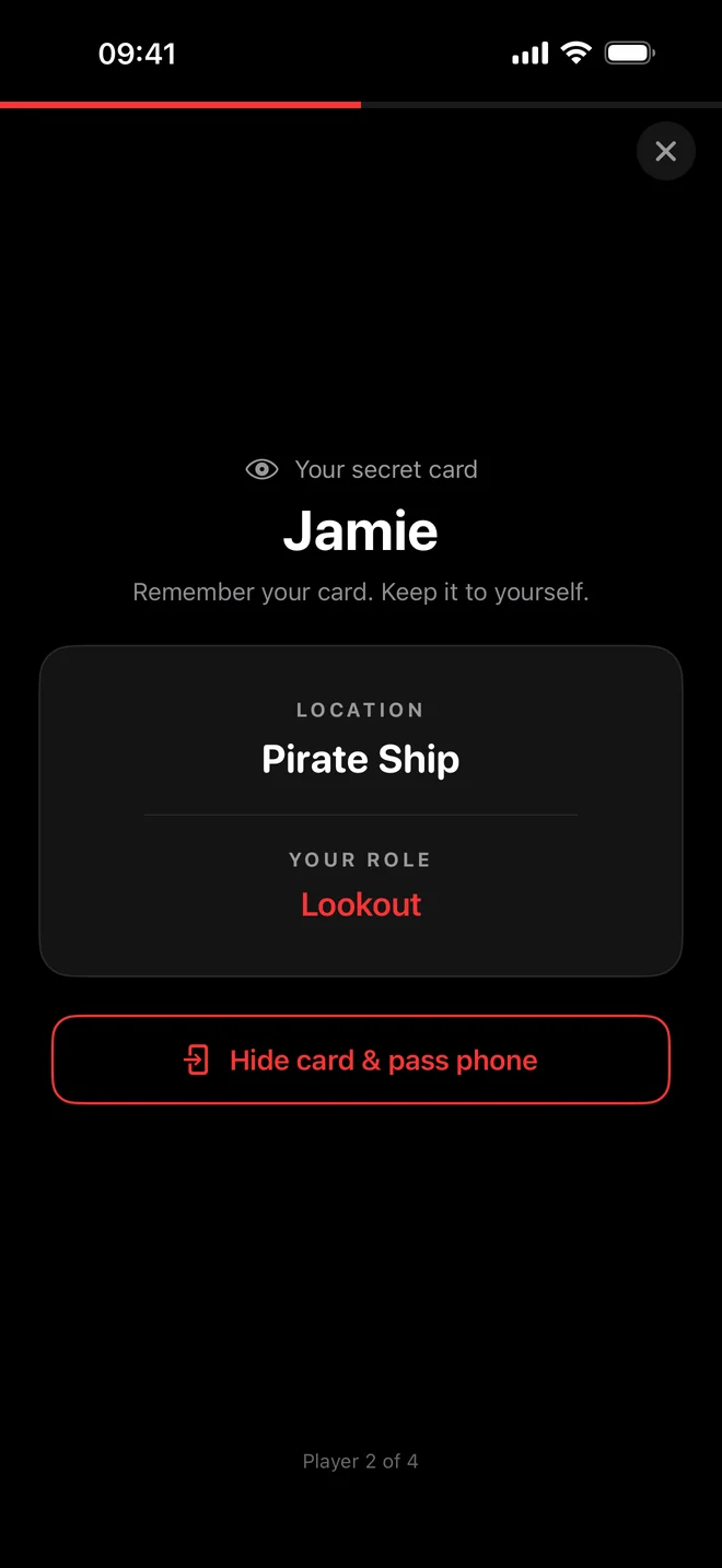 A private Spyfall card showing Pirate Ship as the location and Lookout as the role